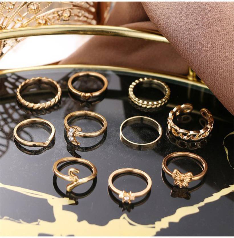 Gold Plated 10 Piece Moon Star Heart Butterfly Chain Ring Set For Women & Girls Alloy Gold Plated Ring Set