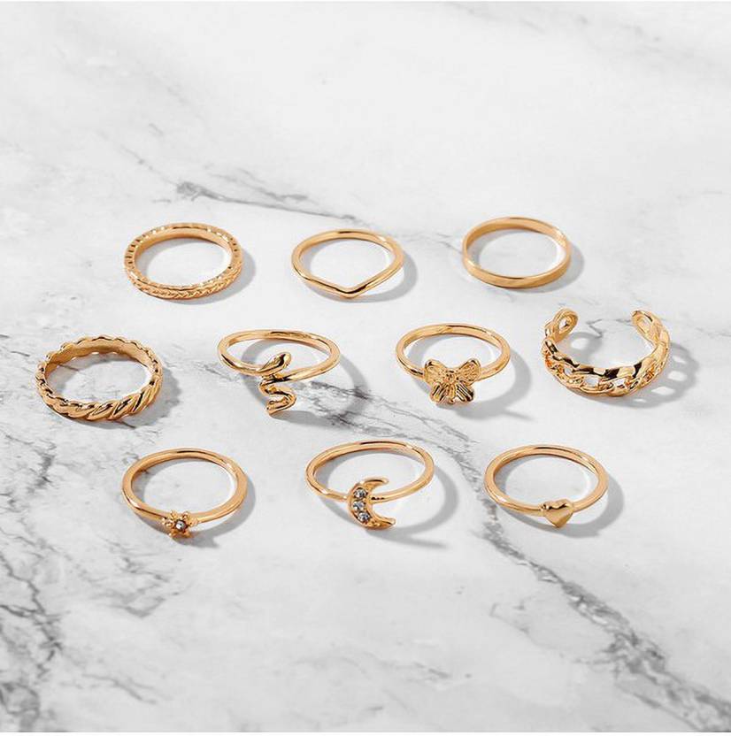 Gold Plated 10 Piece Moon Star Heart Butterfly Chain Ring Set For Women & Girls Alloy Gold Plated Ring Set