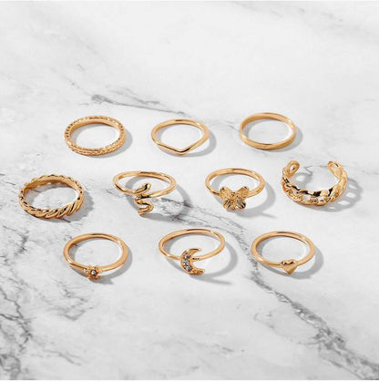 Gold Plated 10 Piece Moon Star Heart Butterfly Chain Ring Set For Women & Girls Alloy Gold Plated Ring Set