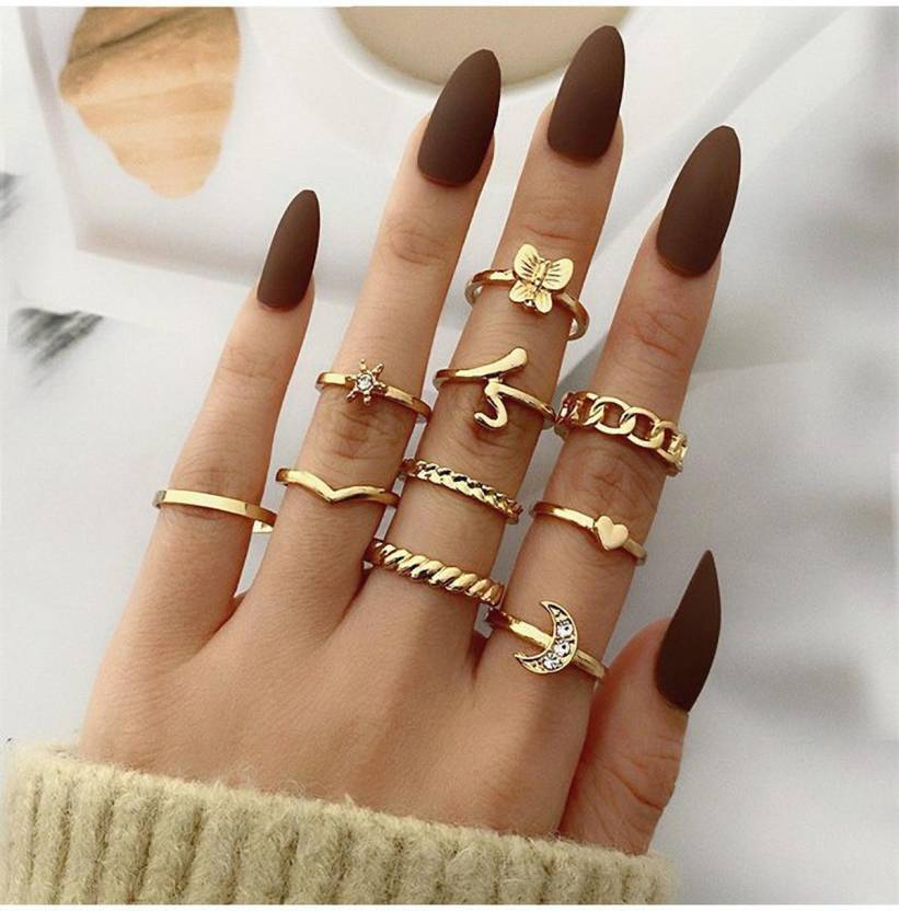 Gold Plated 10 Piece Moon Star Heart Butterfly Chain Ring Set For Women & Girls Alloy Gold Plated Ring Set