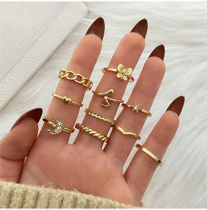 Gold Plated 10 Piece Moon Star Heart Butterfly Chain Ring Set For Women & Girls Alloy Gold Plated Ring Set