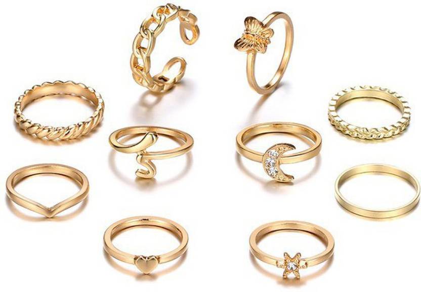 Gold Plated 10 Piece Moon Star Heart Butterfly Chain Ring Set For Women & Girls Alloy Gold Plated Ring Set