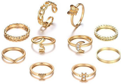 Gold Plated 10 Piece Moon Star Heart Butterfly Chain Ring Set For Women & Girls Alloy Gold Plated Ring Set