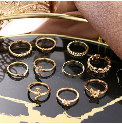 Gold Plated 10 Piece Moon Star Heart Butterfly Chain Ring Set For Women & Girls Alloy Gold Plated Ring Set